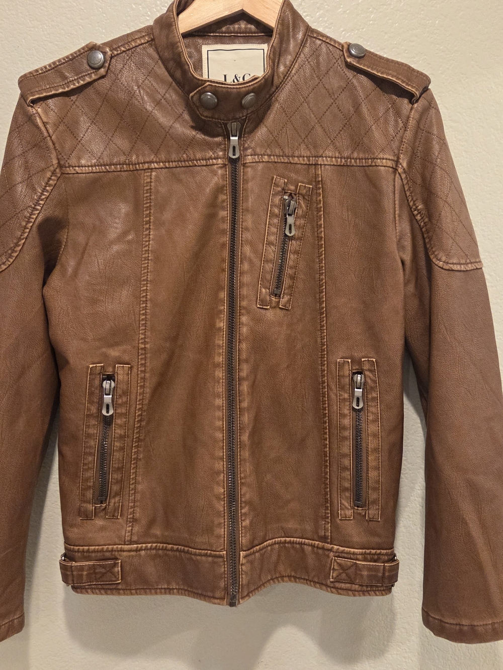 L&C Faux Leather Moto Jacket XS Brown Quilted Y2K Edgy Coat Biker Streetwear